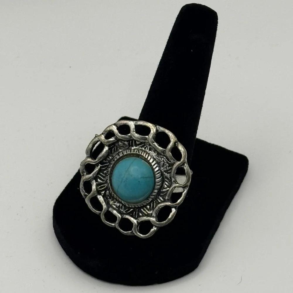 Vintage Silver Tone Faux Turquoise Adjustable Statement Ring Boho Southwestern